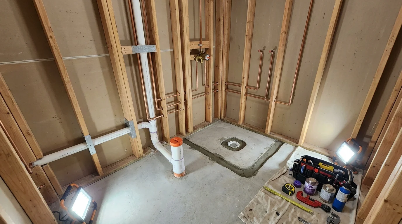 Bathroom rough-in plumbing during remodel by Johns Plumbing LLC in Marksville