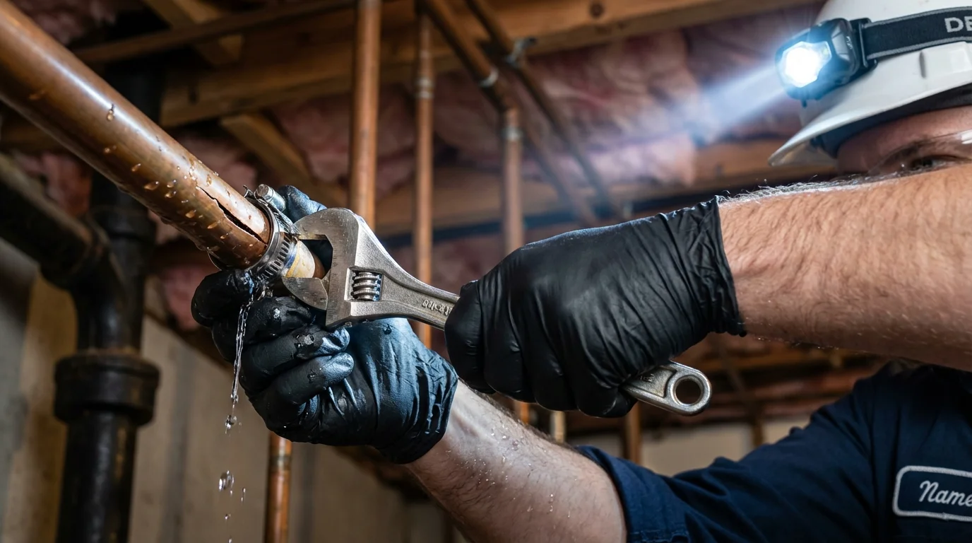 Emergency pipe clamp repair being performed by a Johns Plumbing LLC plumber in Marksville
