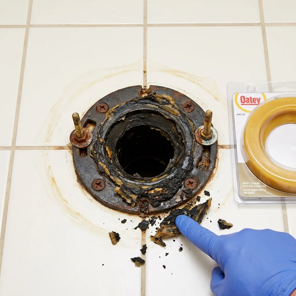 Failed wax ring showing water seepage at the base of a toilet in a Marksville, LA home