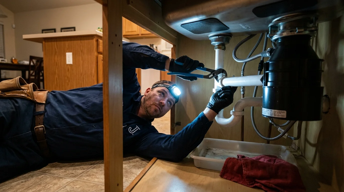 P-trap and supply line connections under a kitchen sink showing a common leak point in Marksville, LA